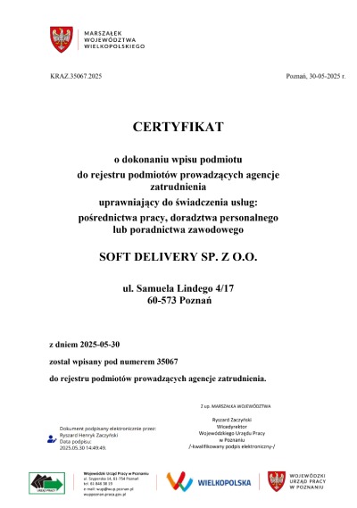 certyfikat - pośrednictwo pracy